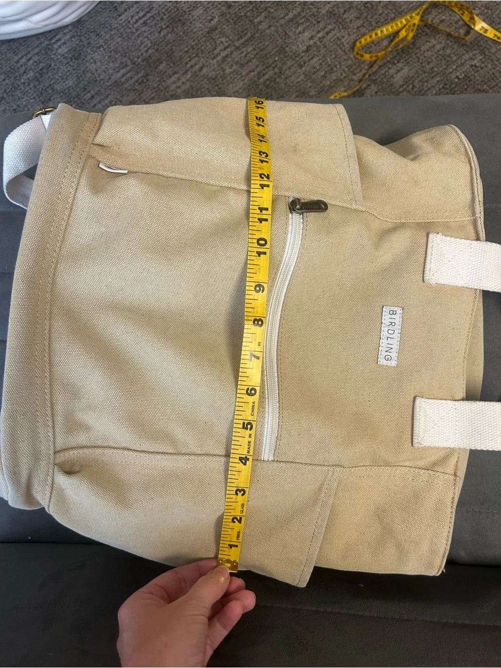 Birdling Tan Cream Laptop Backpack Tote Canvas 15” x 13” Pinstripe Interior - Picture 8 of 8